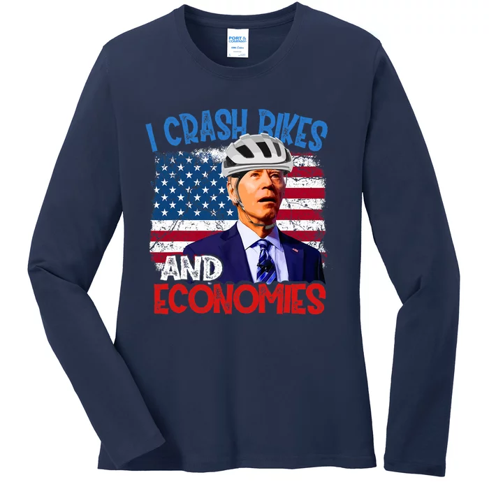 US Flag Biden Falling Off Bike I Crash Bikes And Economies Ladies Long Sleeve Shirt