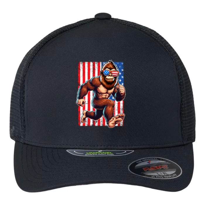 Usa Flag Bigfoot Running 4th Of July Flexfit Unipanel Trucker Cap