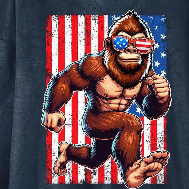 Usa Flag Bigfoot Running 4th Of July Hooded Wearable Blanket