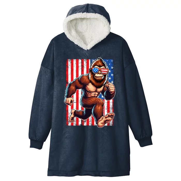 Usa Flag Bigfoot Running 4th Of July Hooded Wearable Blanket