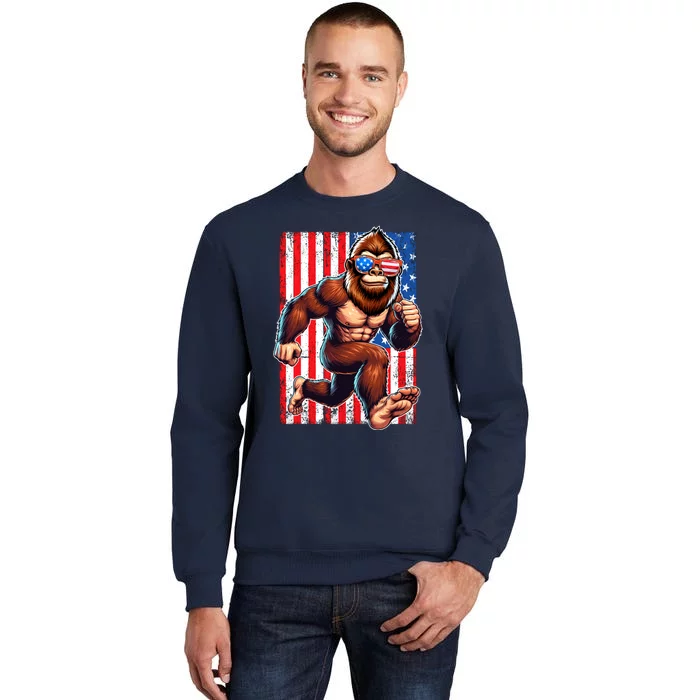 Usa Flag Bigfoot Running 4th Of July Tall Sweatshirt