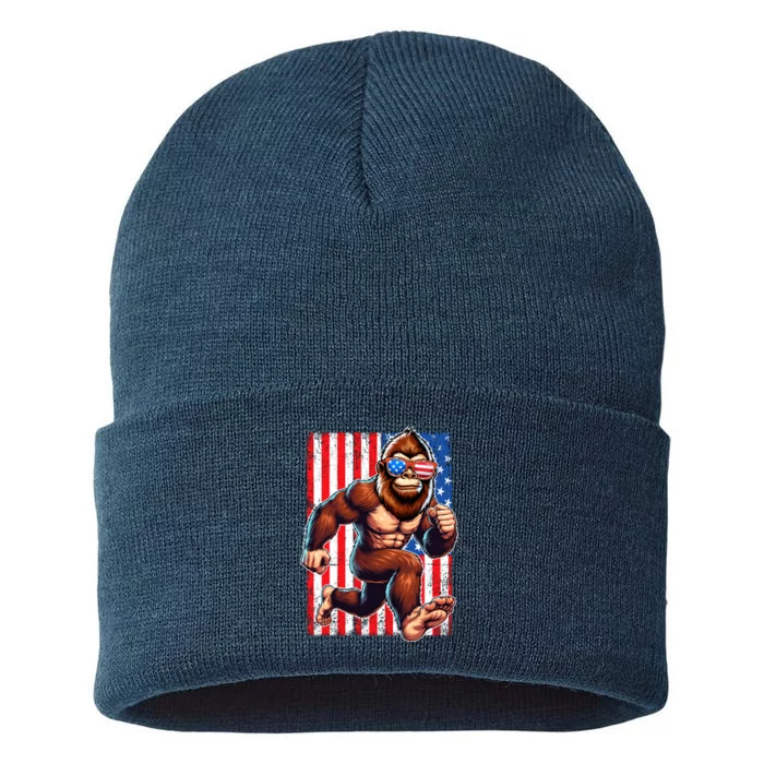 Usa Flag Bigfoot Running 4th Of July Sustainable Knit Beanie