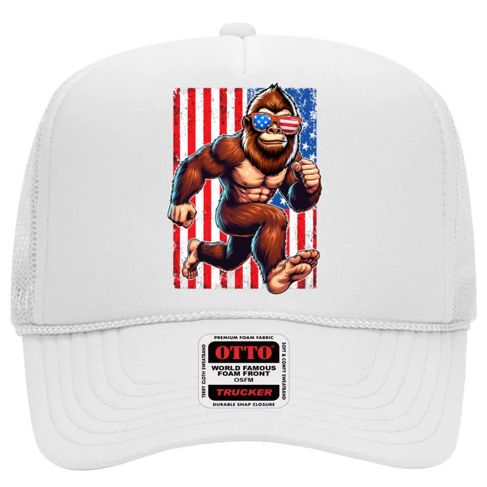 Usa Flag Bigfoot Running 4th Of July High Crown Mesh Trucker Hat