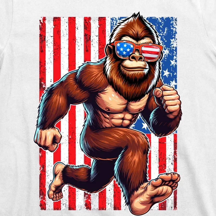 Usa Flag Bigfoot Running 4th Of July T-Shirt