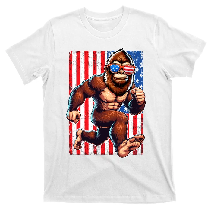 Usa Flag Bigfoot Running 4th Of July T-Shirt