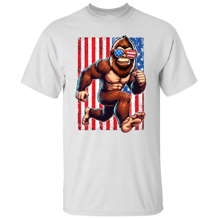 Usa Flag Bigfoot Running 4th Of July Tall T-Shirt