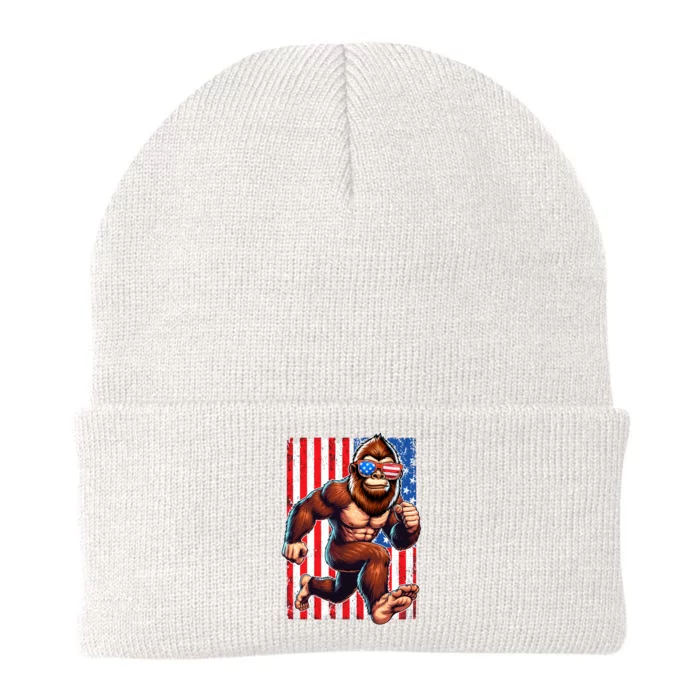 Usa Flag Bigfoot Running 4th Of July Knit Cap Winter Beanie