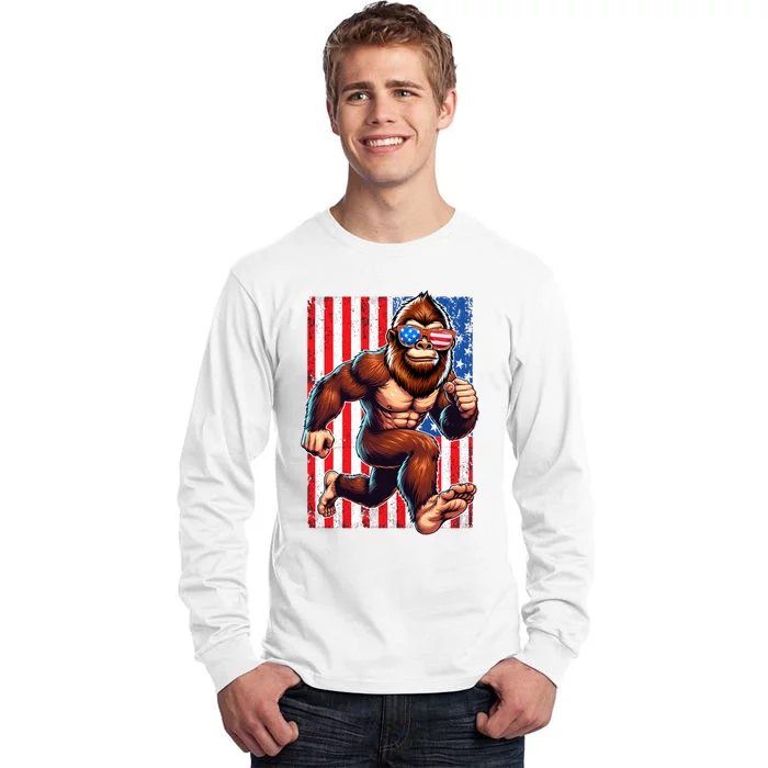 Usa Flag Bigfoot Running 4th Of July Tall Long Sleeve T-Shirt