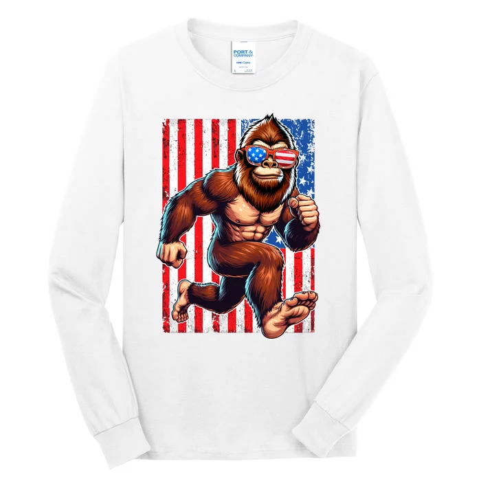 Usa Flag Bigfoot Running 4th Of July Tall Long Sleeve T-Shirt