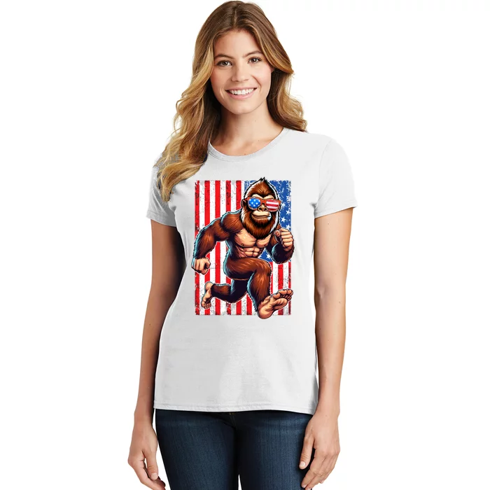 Usa Flag Bigfoot Running 4th Of July Women's T-Shirt