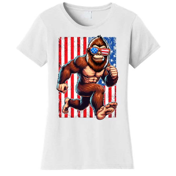 Usa Flag Bigfoot Running 4th Of July Women's T-Shirt