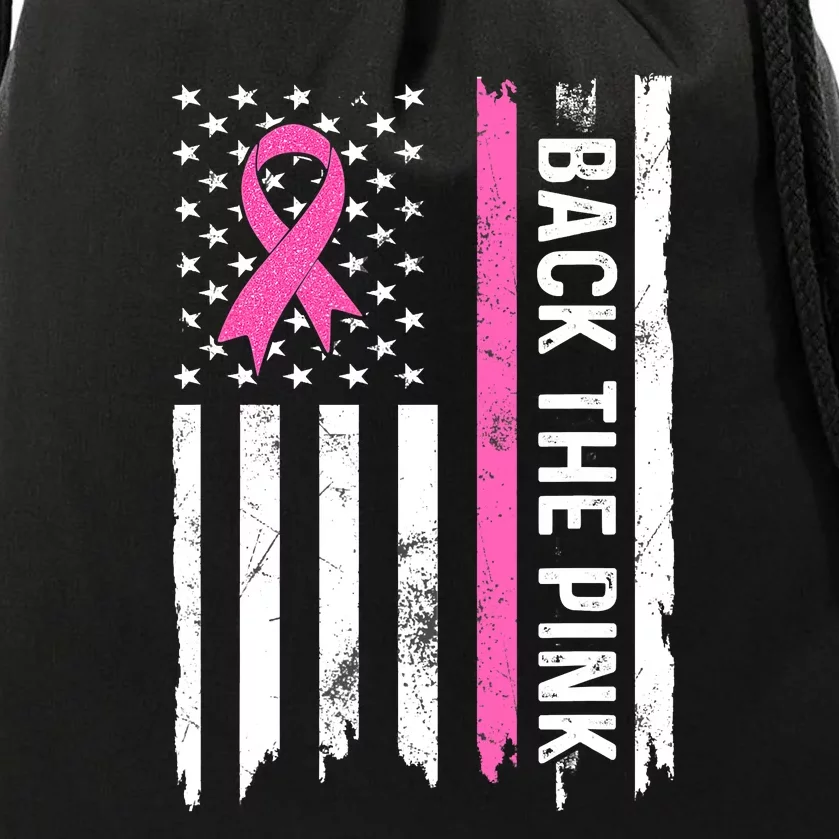 US Flag Back The Pink Ribbon Breast Cancer Awareness Drawstring Bag