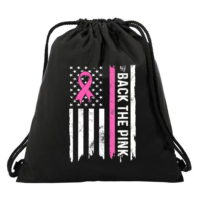 US Flag Back The Pink Ribbon Breast Cancer Awareness Drawstring Bag