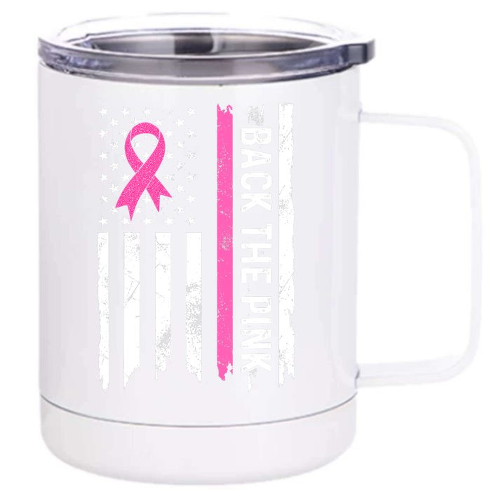 US Flag Back The Pink Ribbon Breast Cancer Awareness Front & Back 12oz Stainless Steel Tumbler Cup