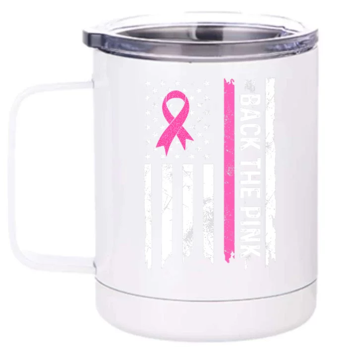 US Flag Back The Pink Ribbon Breast Cancer Awareness Front & Back 12oz Stainless Steel Tumbler Cup