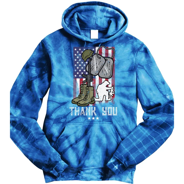 Us Flag Boots Gun Helmet Tag Soldier Thank You Memorial Day Gift Tie Dye Hoodie