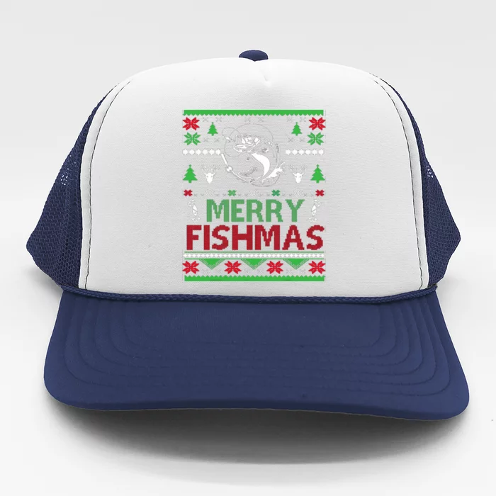 Ugly Fishing Christmas Bass Fish Apparel Merry Fishmas. Trucker Hat