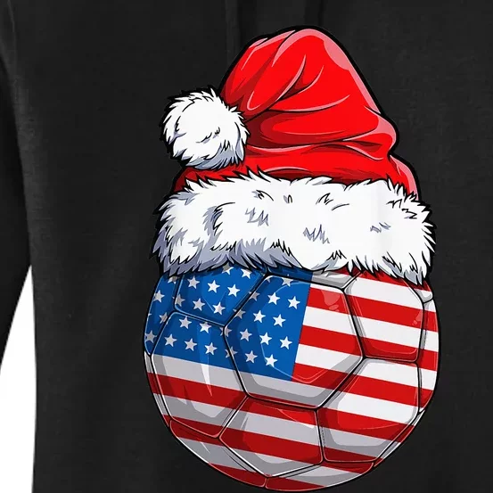 USA Flag Christmas Soccer Ball with Santa Hat Festive American Holiday Gift Women's Pullover Hoodie