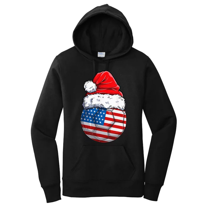 USA Flag Christmas Soccer Ball with Santa Hat Festive American Holiday Gift Women's Pullover Hoodie