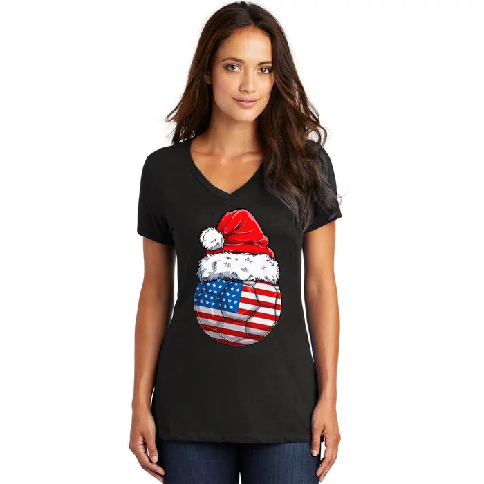 USA Flag Christmas Soccer Ball with Santa Hat Festive American Holiday Gift Women's V-Neck T-Shirt