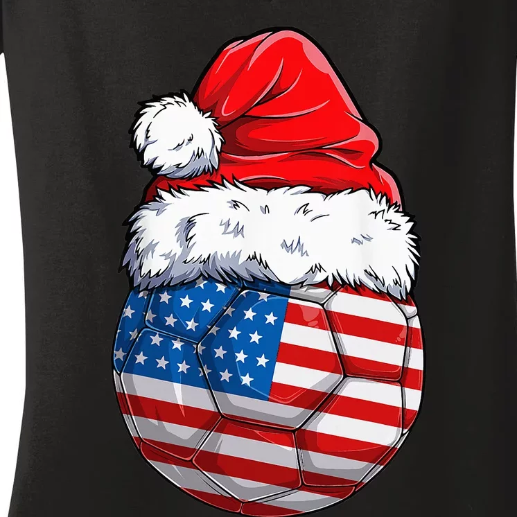 USA Flag Christmas Soccer Ball with Santa Hat Festive American Holiday Gift Women's V-Neck T-Shirt