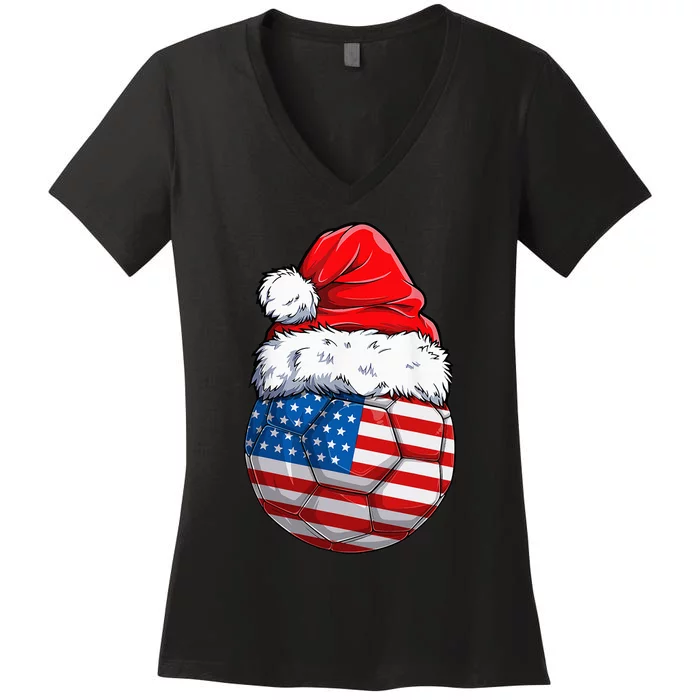 USA Flag Christmas Soccer Ball with Santa Hat Festive American Holiday Gift Women's V-Neck T-Shirt