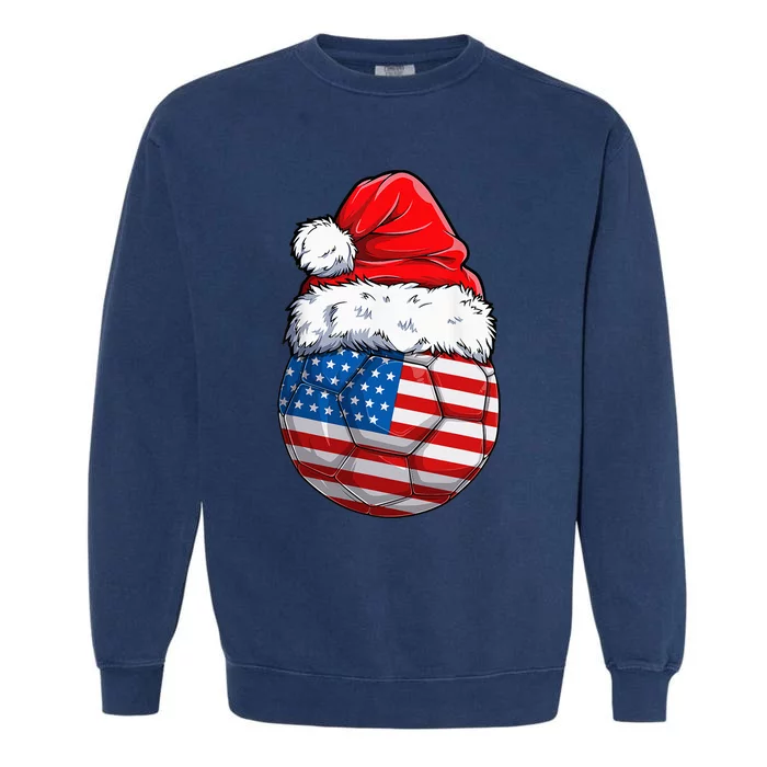 USA Flag Christmas Soccer Ball with Santa Hat Festive American Holiday Gift Garment-Dyed Sweatshirt