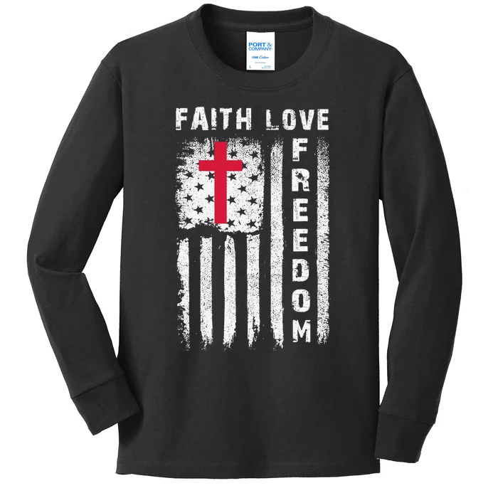 USA Flag Christian - Faith Family Freedom Kids Long Sleeve Shirt