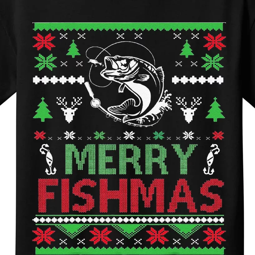 Ugly FISHING Christmas Bass Fish Apparel Merry Fishmas. Kids T-Shirt