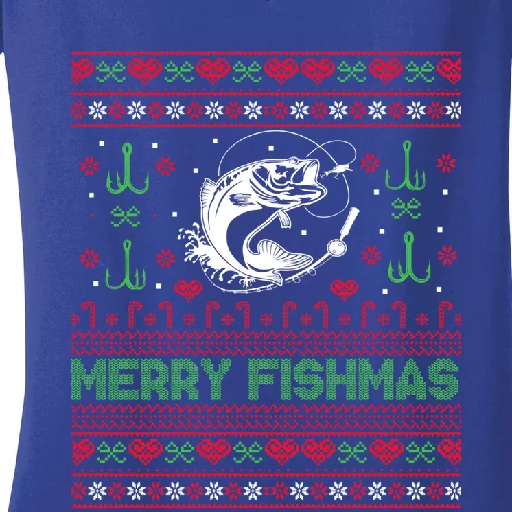 Ugly Fishing Christmas Bass Fish Merry Fishmas Funny Gift Women's V-Neck T-Shirt