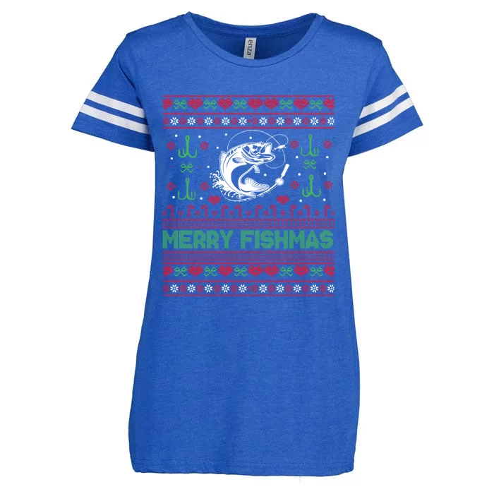 Ugly Fishing Christmas Bass Fish Merry Fishmas Funny Gift Enza Ladies Jersey Football T-Shirt