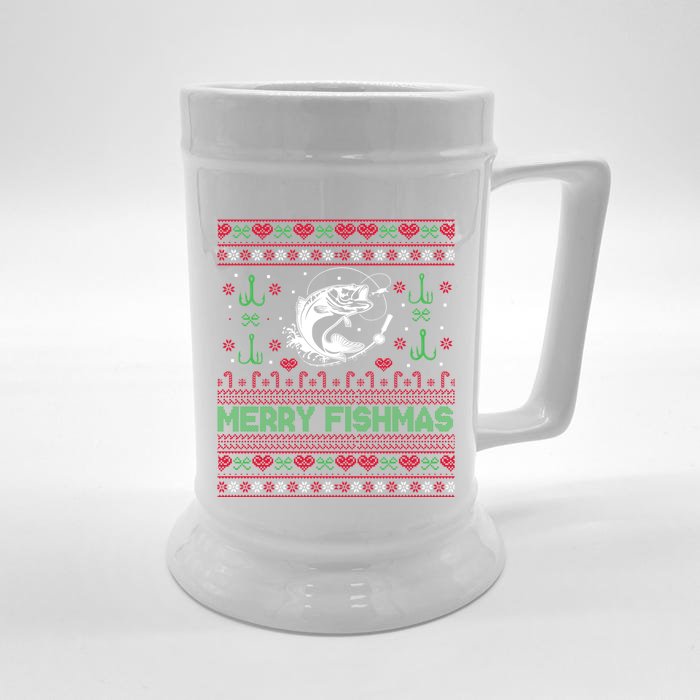 Ugly Fishing Christmas Bass Fish Merry Fishmas Funny Gift Front & Back Beer Stein