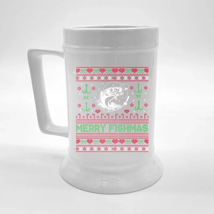 Ugly Fishing Christmas Bass Fish Merry Fishmas Funny Gift Front & Back Beer Stein