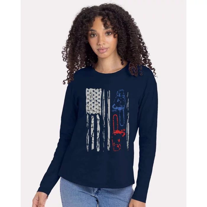 US FLAG CHAINSAW Lumberjack Logger Lumber Gift Tee Womens Cotton Relaxed Long Sleeve T-Shirt