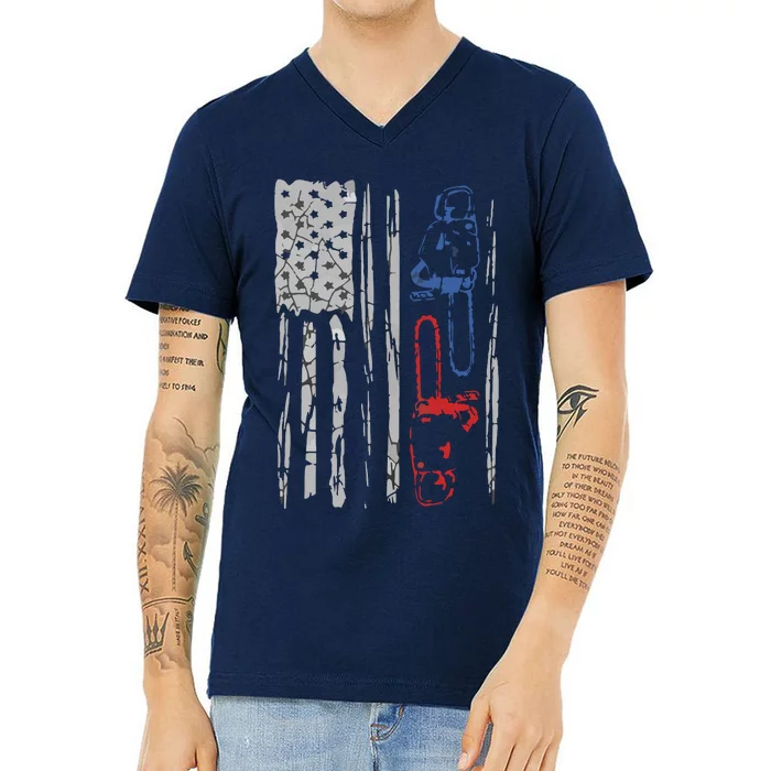 US FLAG CHAINSAW Lumberjack Logger Lumber Gift Tee V-Neck T-Shirt