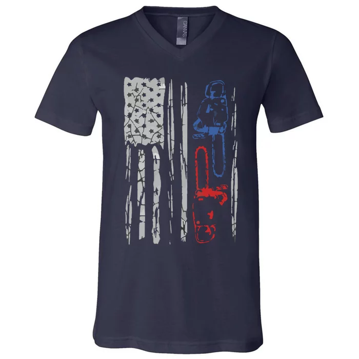 US FLAG CHAINSAW Lumberjack Logger Lumber Gift Tee V-Neck T-Shirt