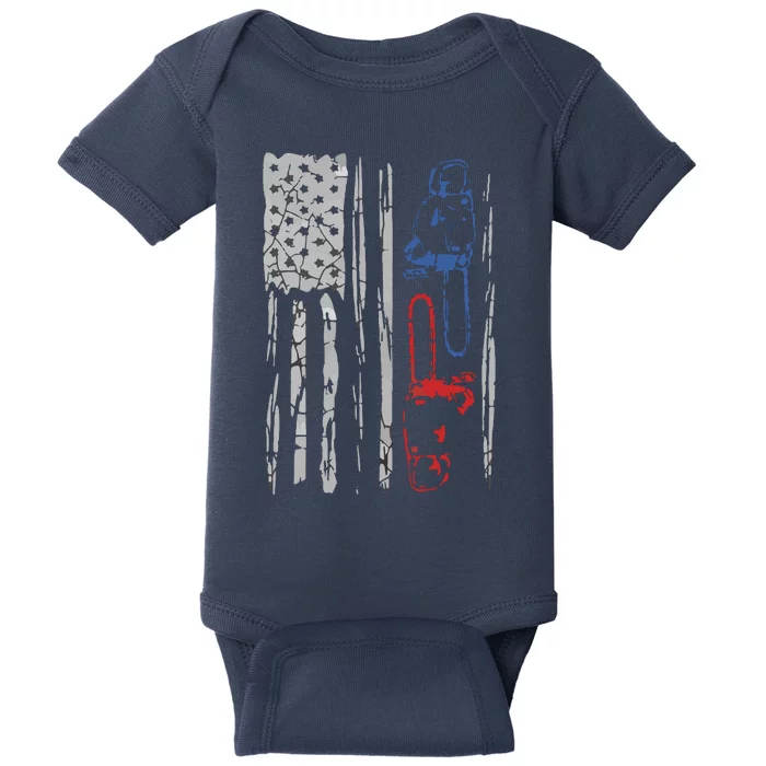 US FLAG CHAINSAW Lumberjack Logger Lumber Gift Tee Baby Bodysuit