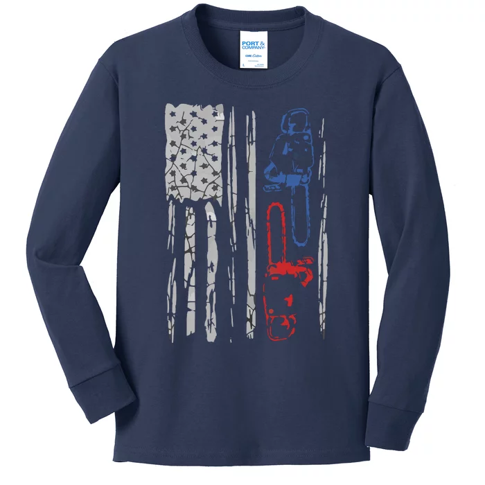 US FLAG CHAINSAW Lumberjack Logger Lumber Gift Tee Kids Long Sleeve Shirt