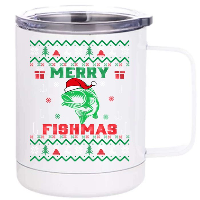 Ugly Fishing Christmas Merry Fishmas Fish Fisher Xmas Gift Front & Back 12oz Stainless Steel Tumbler Cup