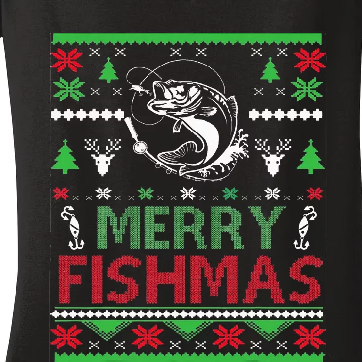 Ugly Fishing Christmas Bass Fish Women's V-Neck T-Shirt