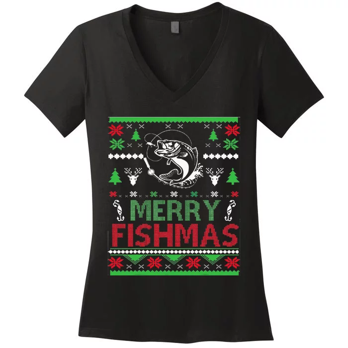 Ugly Fishing Christmas Bass Fish Women's V-Neck T-Shirt