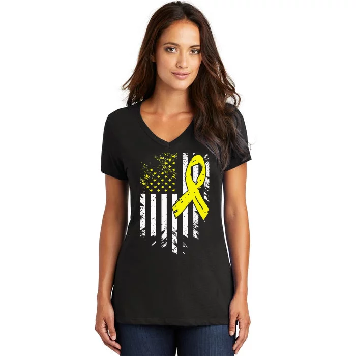 USA Flag Childhood Cancer Awareness Family Support Women's V-Neck T-Shirt