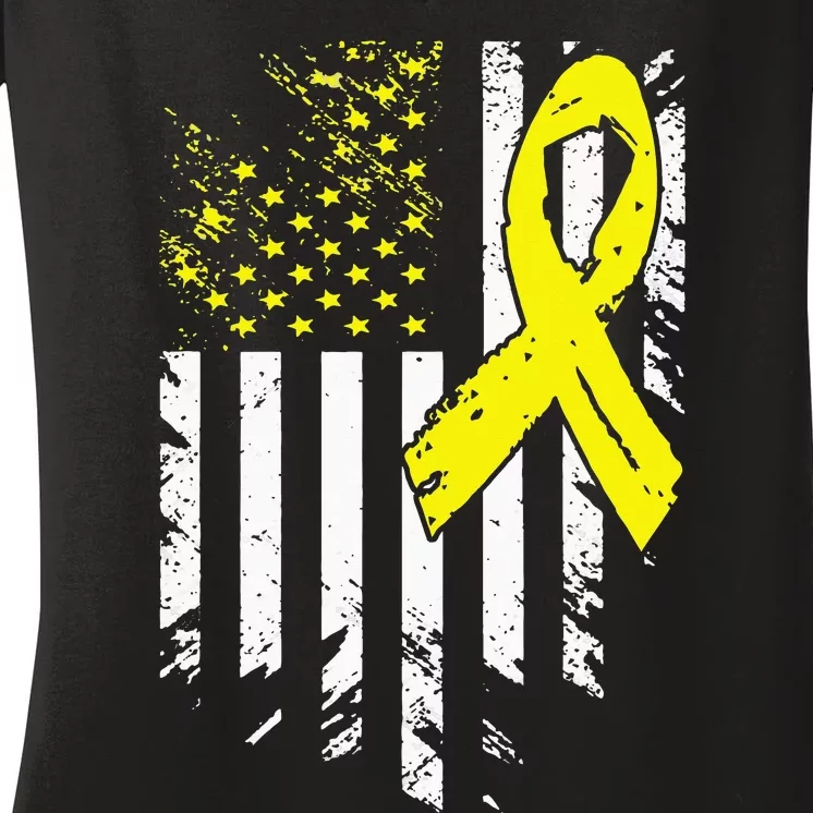 USA Flag Childhood Cancer Awareness Family Support Women's V-Neck T-Shirt