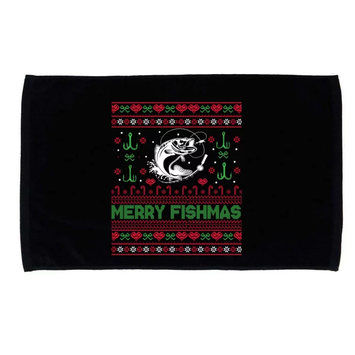 Ugly Fishing Christmas Bass Fish Merry Fishmas Funny Gift Microfiber Hand Towel