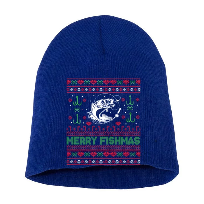 Ugly Fishing Christmas Bass Fish Merry Fishmas Funny Gift Short Acrylic Beanie