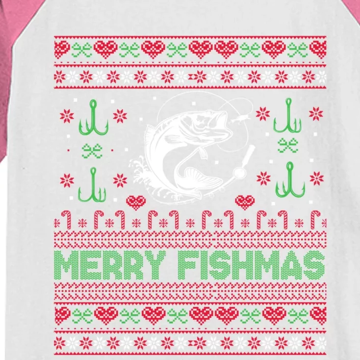 Ugly Fishing Christmas Bass Fish Merry Fishmas Funny Gift Kids Colorblock Raglan Jersey