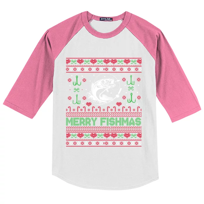 Ugly Fishing Christmas Bass Fish Merry Fishmas Funny Gift Kids Colorblock Raglan Jersey