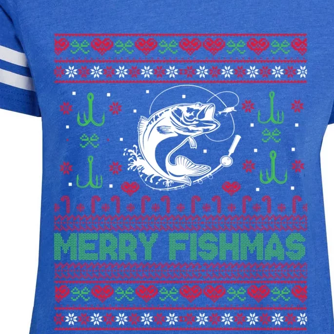 Ugly Fishing Christmas Bass Fish Merry Fishmas Funny Gift Enza Ladies Jersey Football T-Shirt