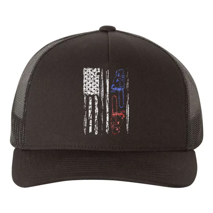 US FLAG CHAINSAW Lumberjack Logger Lumber Gift Yupoong Adult 5-Panel Trucker Hat