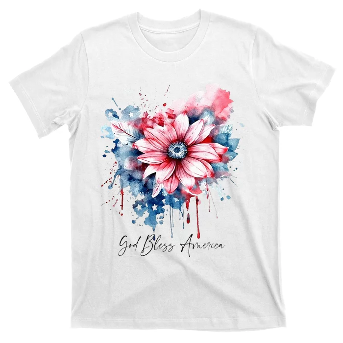 USA Flag Colors Flowers God Bless America Patriotic Floral T-Shirt